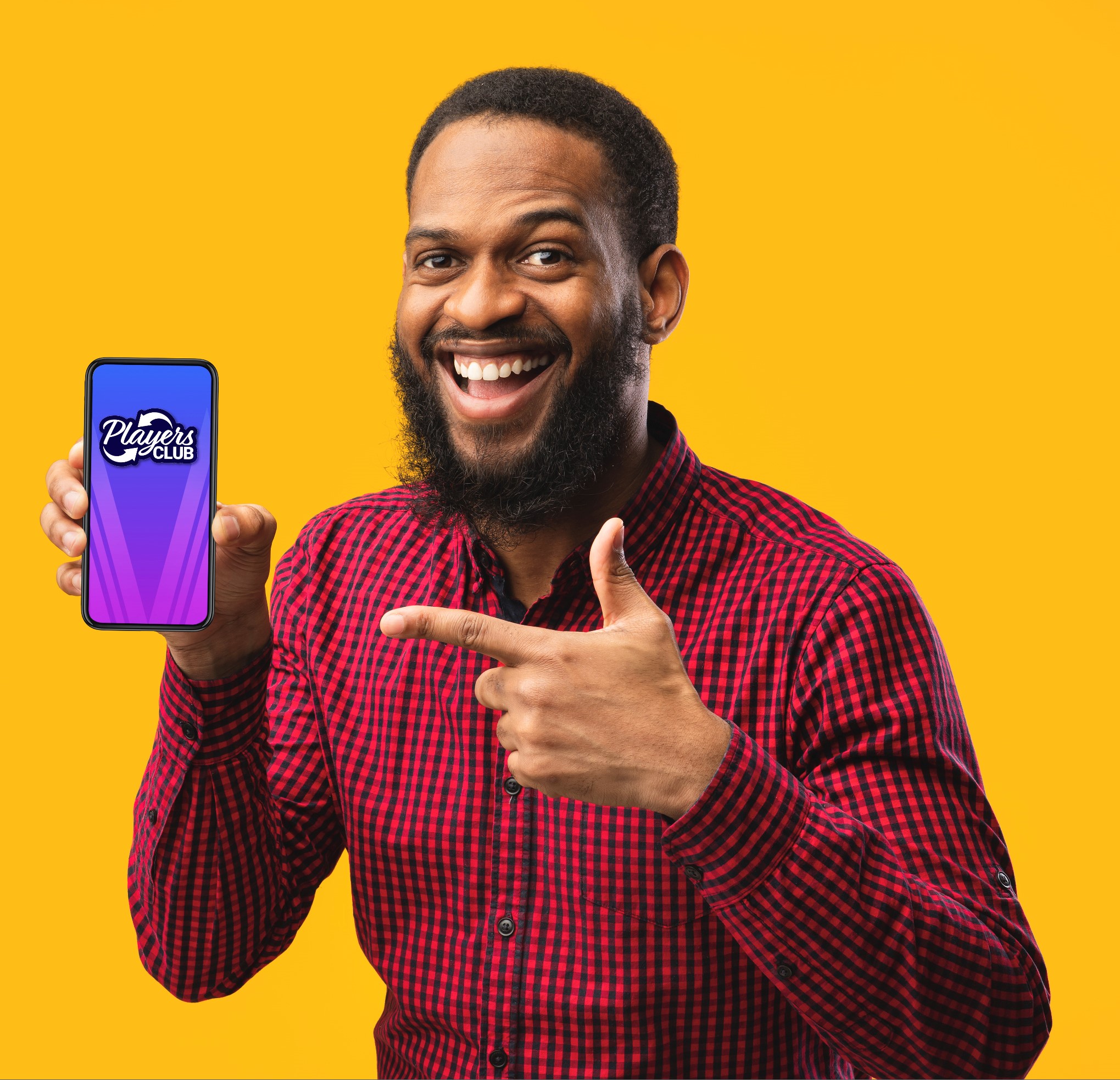 excited man pointing at phone